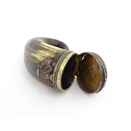 1254 - A 19thC Scottish rams horn snuff mull with white metal mounts, thistle detail and set with agate har... 