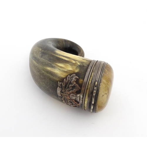 1254 - A 19thC Scottish rams horn snuff mull with white metal mounts, thistle detail and set with agate har... 