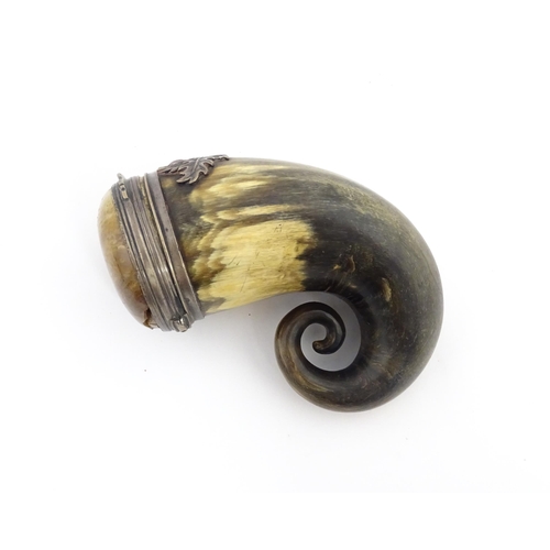 1254 - A 19thC Scottish rams horn snuff mull with white metal mounts, thistle detail and set with agate har... 