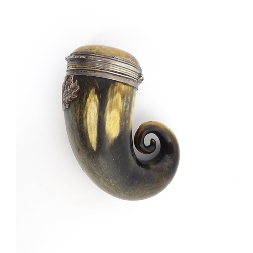 1254 - A 19thC Scottish rams horn snuff mull with white metal mounts, thistle detail and set with agate har... 