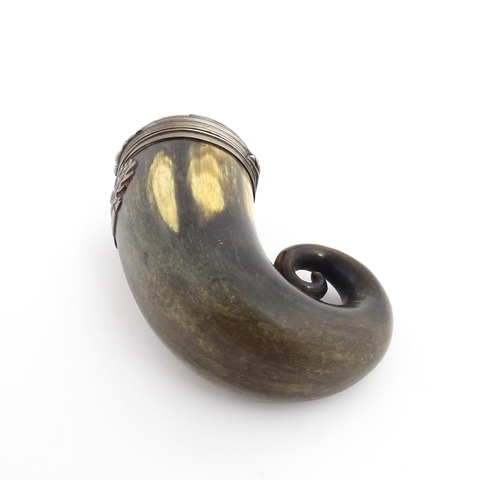 1254 - A 19thC Scottish rams horn snuff mull with white metal mounts, thistle detail and set with agate har... 