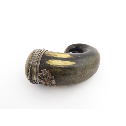 1254 - A 19thC Scottish rams horn snuff mull with white metal mounts, thistle detail and set with agate har... 