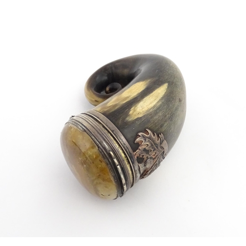 1254 - A 19thC Scottish rams horn snuff mull with white metal mounts, thistle detail and set with agate har... 