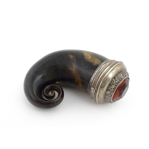 1255 - A 19thC Scottish rams horn snuff mull with white metal mounts engraved Mr A. Bennett Butchers Arms A... 