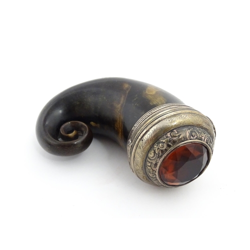 1255 - A 19thC Scottish rams horn snuff mull with white metal mounts engraved Mr A. Bennett Butchers Arms A... 