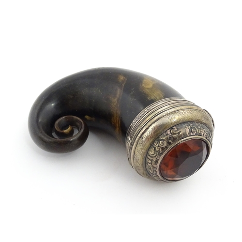 1255 - A 19thC Scottish rams horn snuff mull with white metal mounts engraved Mr A. Bennett Butchers Arms A... 