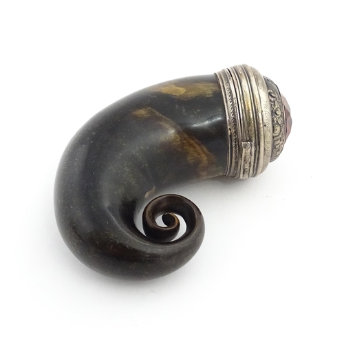 1255 - A 19thC Scottish rams horn snuff mull with white metal mounts engraved Mr A. Bennett Butchers Arms A... 