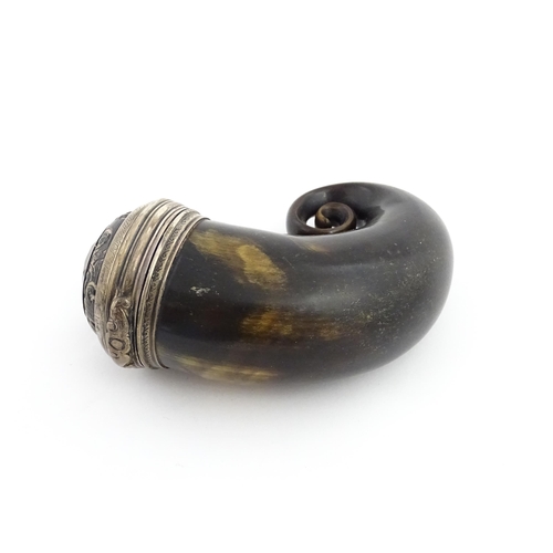 1255 - A 19thC Scottish rams horn snuff mull with white metal mounts engraved Mr A. Bennett Butchers Arms A... 