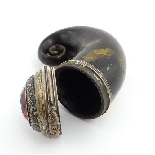 1255 - A 19thC Scottish rams horn snuff mull with white metal mounts engraved Mr A. Bennett Butchers Arms A... 