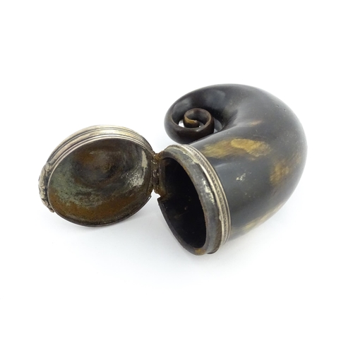 1255 - A 19thC Scottish rams horn snuff mull with white metal mounts engraved Mr A. Bennett Butchers Arms A... 