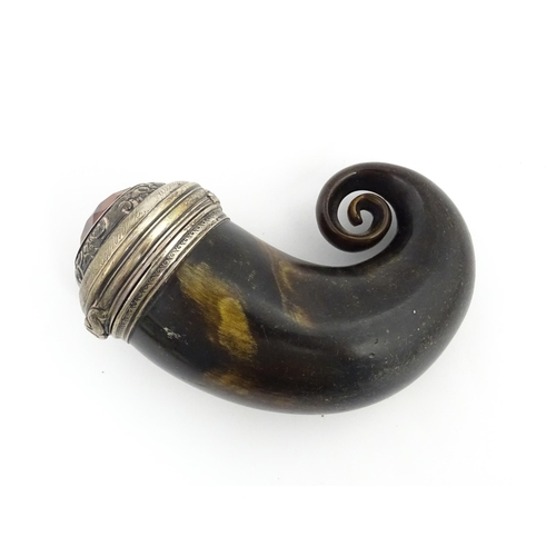 1255 - A 19thC Scottish rams horn snuff mull with white metal mounts engraved Mr A. Bennett Butchers Arms A... 