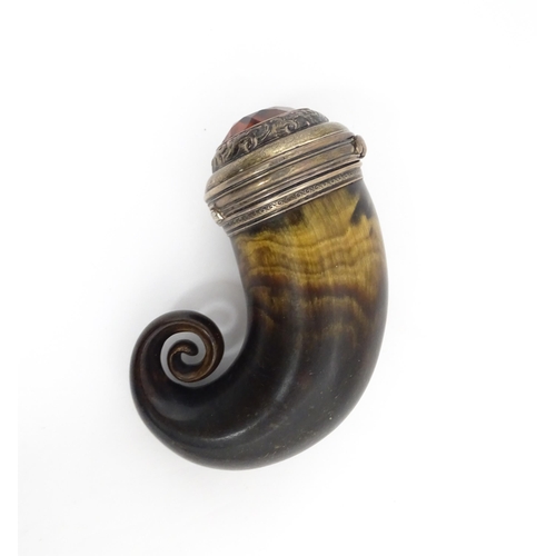 1255 - A 19thC Scottish rams horn snuff mull with white metal mounts engraved Mr A. Bennett Butchers Arms A... 