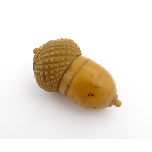 1257 - A Victorian carved coquilla nut thimble case modelled as an acorn. Containing a Victorian silver thi... 