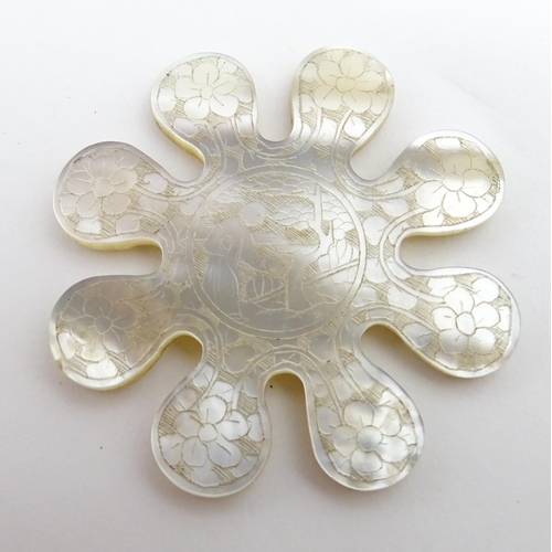 1259 - Four Chinese needlework silk thread winders to include a mother of pearl snowflake winder with engra... 