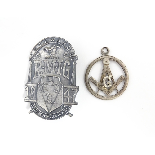 1264 - Freemasonry / Masonic Interest: A silver Masonic pendant fob hallmarked 1889, maker JA. Together wit... 