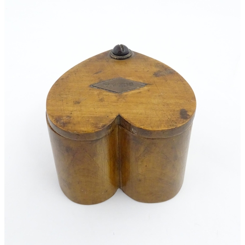 1280 - Treen : A late 19thC box of heart form with swivel lid, the top with applied lozenge engraved W. Web... 