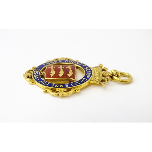 734 - Football Interest : A cased 9ct gold medal / fob with enamel decoration for Essex County Senior Chal... 