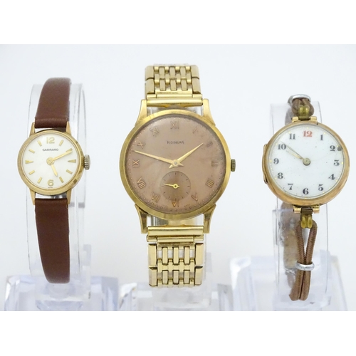 756 - Three various wristwatches comprising a 9ct gold cased Rodana watch with subsidiary seconds dial, th... 