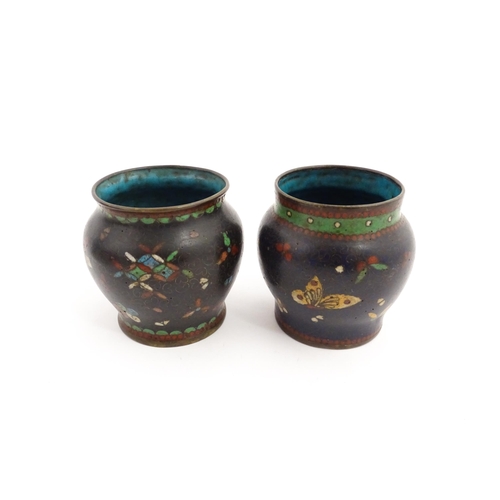 1290 - Two small Chinese cloisonne vases, one decorated with butterflies, the other with stylised motifs. A... 