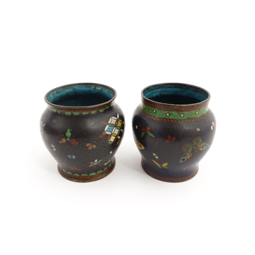 1290 - Two small Chinese cloisonne vases, one decorated with butterflies, the other with stylised motifs. A... 