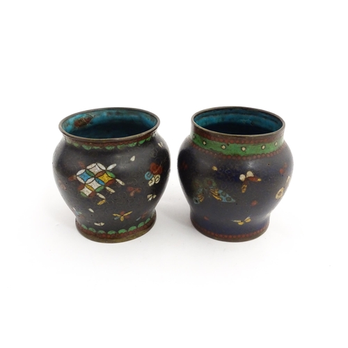 1290 - Two small Chinese cloisonne vases, one decorated with butterflies, the other with stylised motifs. A... 