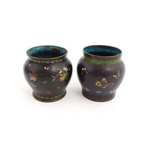 1290 - Two small Chinese cloisonne vases, one decorated with butterflies, the other with stylised motifs. A... 