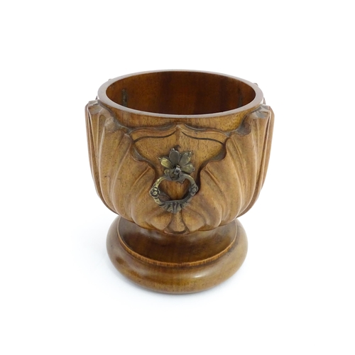 1291 - A 19thC mahogany carved pedestal bowl with acanthus decoration and three gothic style handles. Appro... 