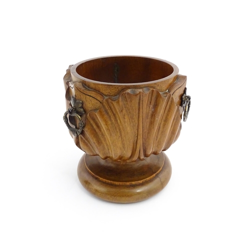 1291 - A 19thC mahogany carved pedestal bowl with acanthus decoration and three gothic style handles. Appro... 