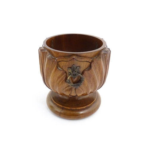 1291 - A 19thC mahogany carved pedestal bowl with acanthus decoration and three gothic style handles. Appro... 