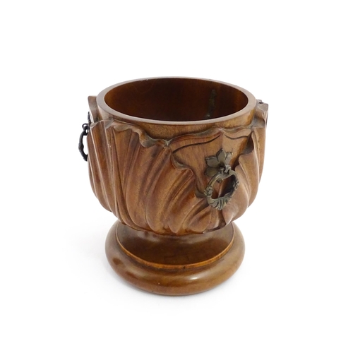 1291 - A 19thC mahogany carved pedestal bowl with acanthus decoration and three gothic style handles. Appro... 