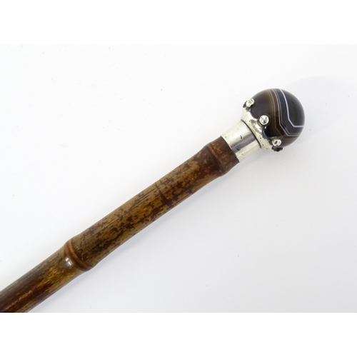 1293 - A Victorian bamboo walking stick / cane with banded agate pommel and silver crown mount hallmarked L... 