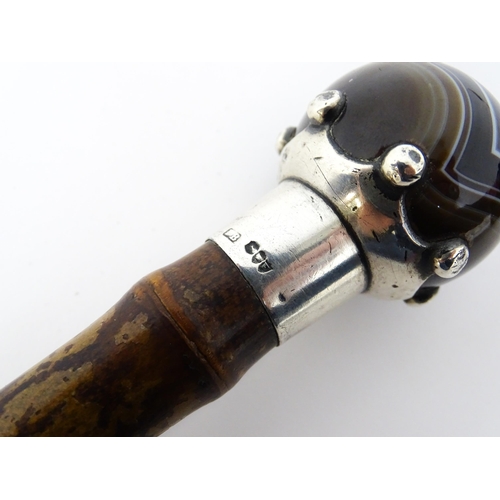 1293 - A Victorian bamboo walking stick / cane with banded agate pommel and silver crown mount hallmarked L... 