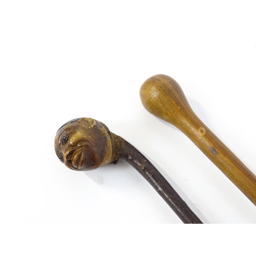 1296 - A 19thC novelty walking stick / cane with folk art / naive carved pommel modelled as the head of a m... 