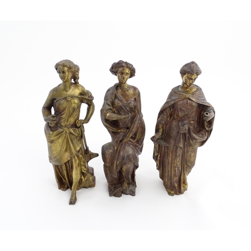 1313 - Three 19thC cast bronze sculptures depicting Classical maidens to include one standing before an anv... 