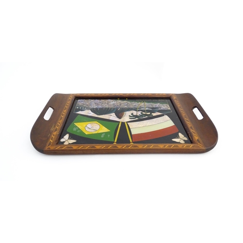 1320 - A 20thC Brazilian twin handled tray set with central scene depicting a Rio de Janeiro view with butt... 