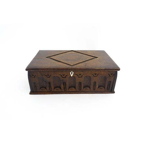 1327 - A late 17th / early 18thC oak box with carved decoration, possibly a Bible box. Approx. 5 1/2