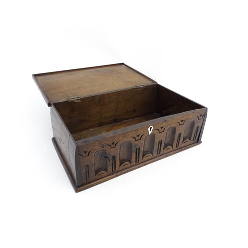 1327 - A late 17th / early 18thC oak box with carved decoration, possibly a Bible box. Approx. 5 1/2