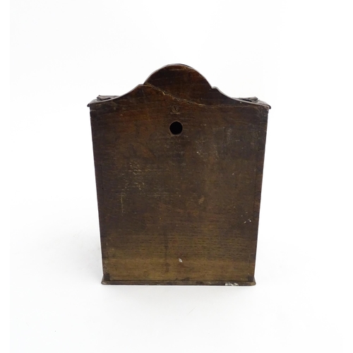 1331 - Treen : A 19thC oak wall mounted salt box, the lid with brass studded leather hinge, the base with s... 