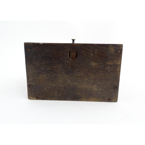 1331 - Treen : A 19thC oak wall mounted salt box, the lid with brass studded leather hinge, the base with s... 