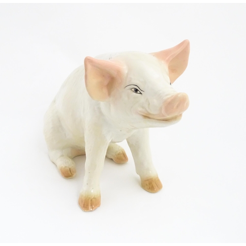 1348 - A 20thC butcher's advertising ceramic model of a seated pig with painted features. Approx. 12 1/4