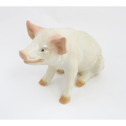 1348 - A 20thC butcher's advertising ceramic model of a seated pig with painted features. Approx. 12 1/4