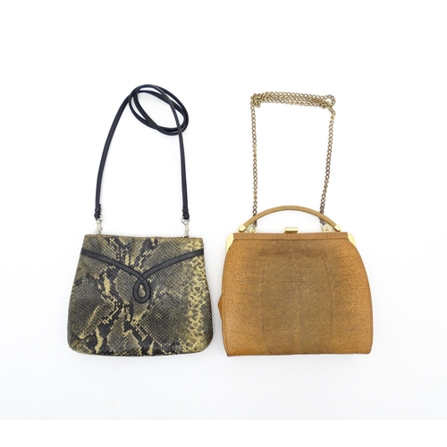 1403 - Vintage fashion / clothing: A brown lizard skin handbag with tan suede lining. Together with a snake... 