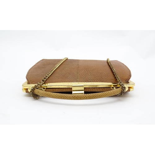 1403 - Vintage fashion / clothing: A brown lizard skin handbag with tan suede lining. Together with a snake... 