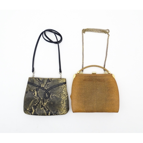 1403 - Vintage fashion / clothing: A brown lizard skin handbag with tan suede lining. Together with a snake... 