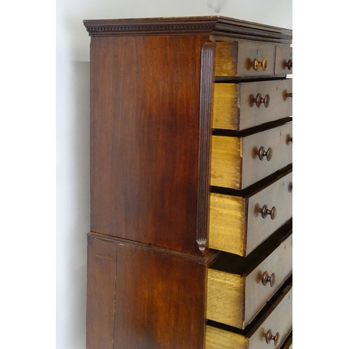 1586 - A late 18thC mahogany chest on chest with a moulded cornice above two short over six long graduated ... 