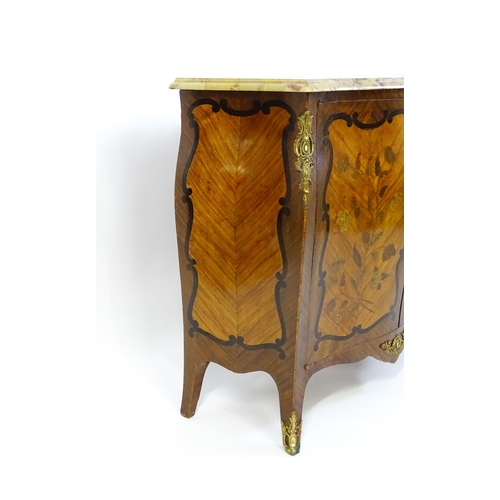 1590 - A late 19thC marble topped commode with brass mounts and two marquetry inlaid doors raised on four t... 