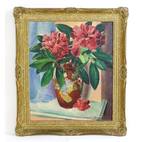 1756 - Titton, 20th century, Oil on board, A still life study with rhododendron flowers in a red Japanese v... 