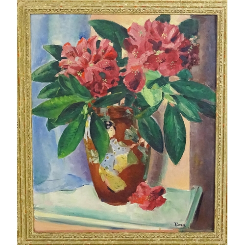 1756 - Titton, 20th century, Oil on board, A still life study with rhododendron flowers in a red Japanese v... 