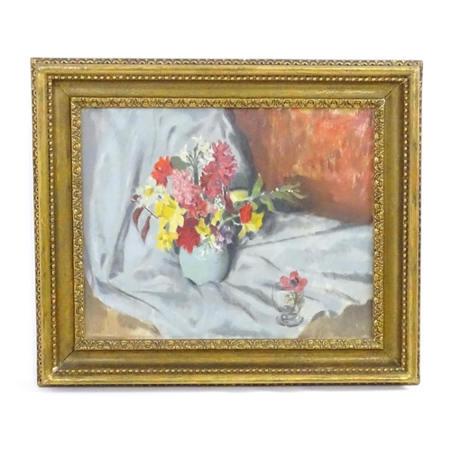 1796 - 20th century, Oil on canvas, A still life study with spring flowers in a blue vase. Approx. 15 1/2