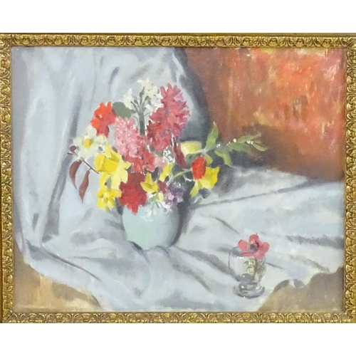 1796 - 20th century, Oil on canvas, A still life study with spring flowers in a blue vase. Approx. 15 1/2